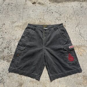Vintage JNCO Jeans Cargo Shorts Black Flame Patch Size 38 Y2K Skater